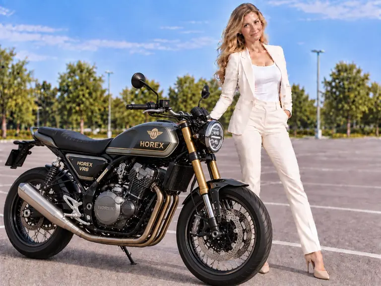 KI-generierte Illustration einer Horex VR6 beim Motorradverkauf