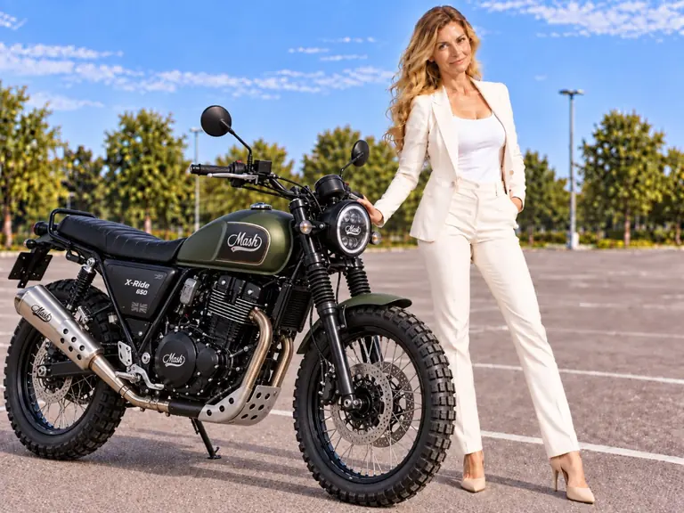 KI-generierte Illustration einer Mash X-Ride 650 beim Motorradverkauf